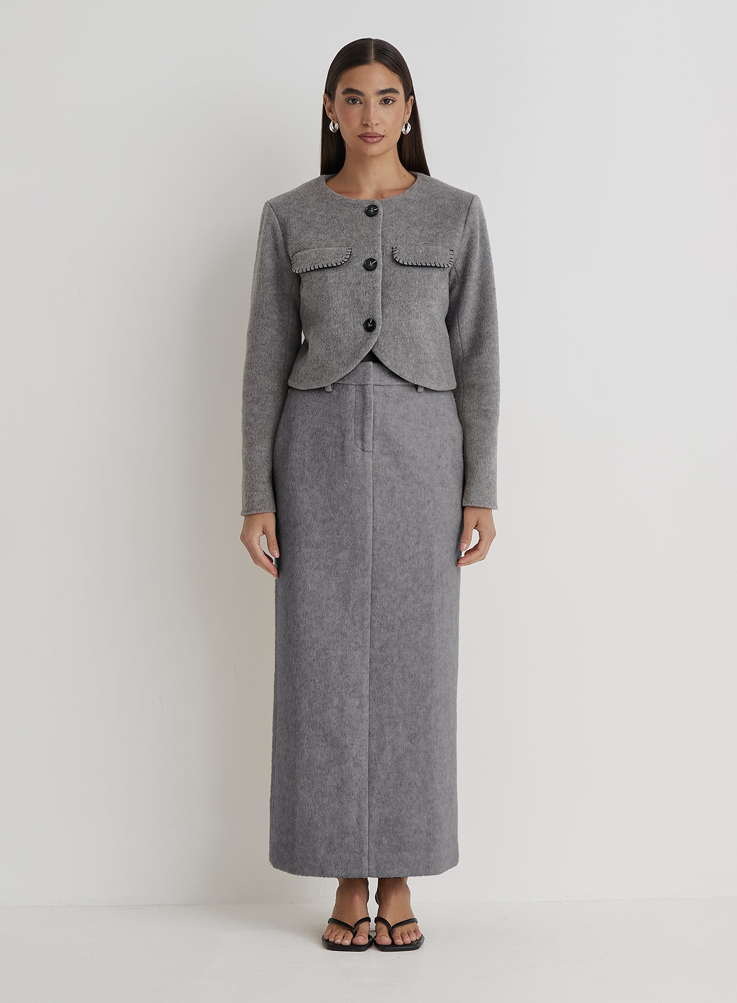 Grey Wool Contrast Pocket Cropped Jacket